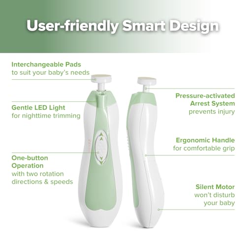 haakaa Baby Nail Care Electric Baby Nail File Kit with LED Light, Baby Nail Clippers for Newborn/Infants/Adults Toenails and Fingernails, 6 Replacement Heads & Storage Case, Acorn