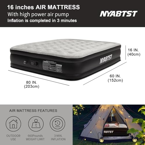 Nyabtst Air Mattress Queen with Built in Pump 16" Twin air Mattress, Soft Flocked Air Mattress with Automatic Inflation and deflation Function Very Suitable Guests Overnight,Camping and Family Game