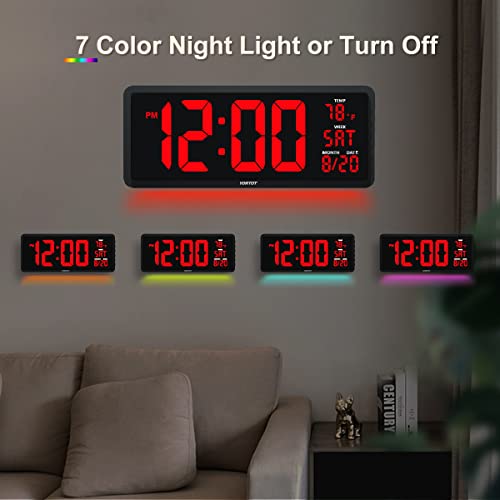 YORTOT 16β Large Digital Wall Clock with Remote Control - Adjustable Dimmer, 7 Color Night Lights, Big LED Clock with Indoor Temperature, Date, Auto DST, 12/24Hour, Wall Mount/Foldable Stand