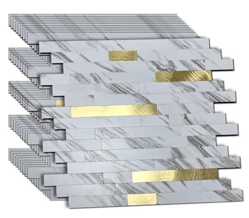 weimeisc 10-Sheet Peel and Stick Backsplash Tile, PVC Mixed Metal Stick on Backsplash Tiles for Kitchen (10, White Stone+Metal Gold)