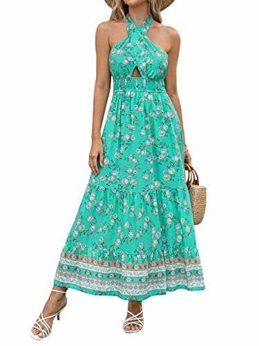 ZESICA Women's 2024 Summer Crossover Halter Neck Sleeveless Plaid Cut Out Backless Flowy A Line Maxi Dress,LycheeRed,Medium