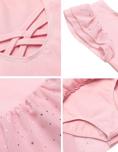 Zaclotre Pink Leotards for Girls Twinkle Sequins Dance Dresses Flow Skirt Hem Ballerina Leotard 3-4T