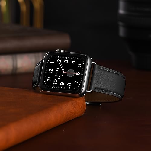 OMIU Square Bands Compatible with Apple Watch Band 38mm 40mm 41mm 42mm 44mm 45mm 49mm, Genuine Leather Wristband Starp for iWatch SE Series 9 8 7 6 5 4 3 2 1 Ultra for Women Men(Dark Blue/Black)