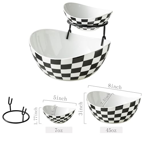Miamolo Tiered Serving Bowls Chip and Dip Serving Set, Checkered Serving Bowl with Stand, Ceramic Appetizer Serving Dishes Serving Platters and Trays for Parties Entertaining