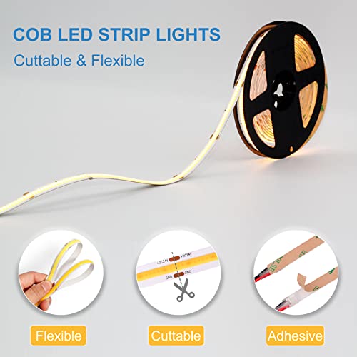 LLTOP COB LED Strip Lights Warm White 3000K, DC24v 16.4ft/5m High CRI 92Ra+ Flexible LED Tape Lighting DIY Cuttable for Bedroom Kitchen Cabinet Shelf (Power Supply&Dimmer Not Included)