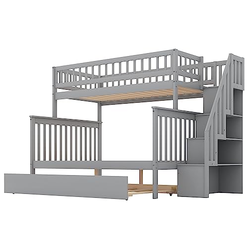 Harper & Bright Designs Bunk Beds Twin Over Full Size, Bunk Bed with Trundle,Storage Shelf and Stairway,Wood Bunk Beds with Full-Length Guard Rail for Kids and Teenagers,No Box Spring Needed, Grey