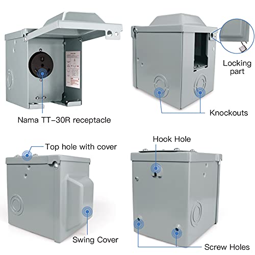 30 Amp 125 Volt RV Power Outlet Box, Enclosed Lockable Weatherproof NEMA TT-30R Outdoor Electrical Receptacle Panel, 30 Amp RV Receptacle for Camper Travel Trailer Motorhome Electric Car Generator