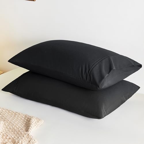 Bedsure Cooling Pillow Cases Queen - Polyester & Rayon Derived from Bamboo Black Pillowcase Set of 2, Breathable, Soft and Wrinkle-Free Pillow Covers with Envelope Closure, Gifts, 20x30 Inches