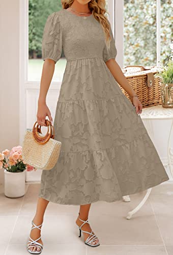 ZESICA Women's 2024 Summer Short Puff Sleeve Crewneck Smocked Floral Lace Flowy A Line Tiered Maxi Dresses,Red,Medium