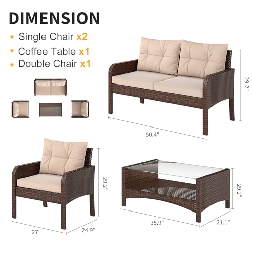 LHBcraft 4 Piece Patio Furniture Set Small Outdoor Furniture, Patio Conversation Sets Rattan Wicker Sofa Set with Cushions & Coffee Table, Tempered Glass Table Top and Storage Shelf, Brown