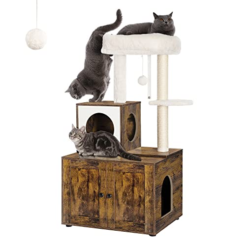 FourFurPets Multipurpose Litter Box Enclosure, Cat Tree and Condo, Side Table, with Large Platform, Cat House, Full Sisal Posts, Removable Washable Cushion, Rustic Brown