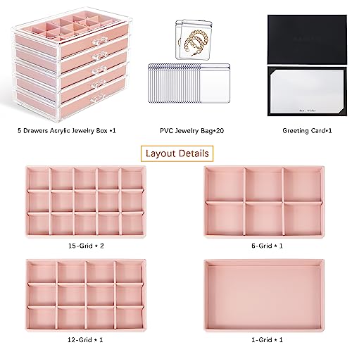 KAMIER Earring Jewelry Organizer with 20 Pcs Portable Jewelry Bag, Clear Acrylic Jewelry Organizer Box for Women with 5 Drawers for Earrings Ring Bracelet Necklace