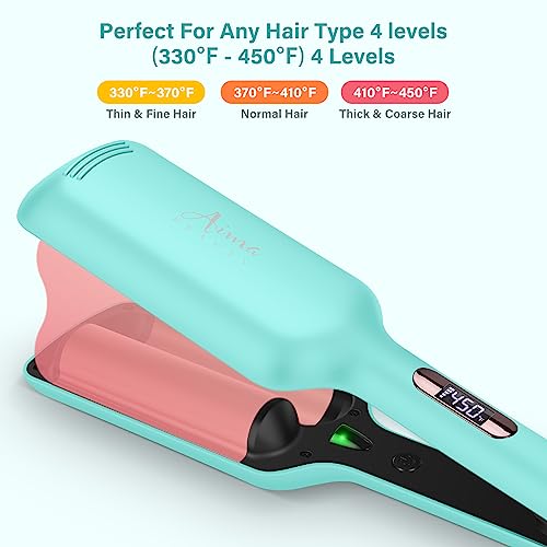32mm (1.25") Aima Beauty Twins Mermaid Waves Hair Waver, Anti-Scald 2 Barrel Curling Iron, Hair Crimper, Ionic Care Wave Iron 15S Heats Up for Short/Medium/Long Hair Light Green