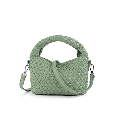 Women Woven Tote Small Crossbody Bag, Weave Quilted Purse Square Shoulder Bag Woven Handbag with Detachable Strap (L-Green)