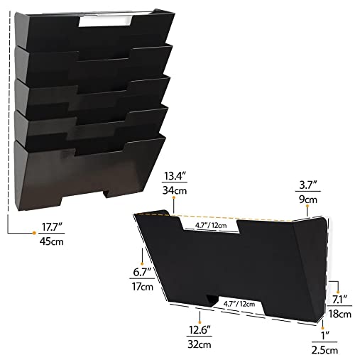 Wallniture Lisbon Wall Mounted File Holder Organizer, 5-Tier Metal Office Organization and Storage Rack, Wall Mount File Holder, Magazine Holder and Office Decor, Black