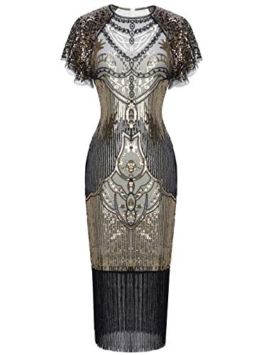 FAIRY COUPLE 1920s Knee Length Flapper Party Dress Layer Tassels Hem Sequined Cap Sleeve Cocktail Dress S Champagne Gold