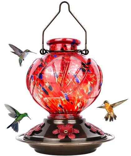 BOLITE Hummingbird Feeder, Hand Blown Glass Hummingbird Feeders for Outdoors Hanging, 22 Ounce, Five Feeding Ports with Perch, Peony Flower Shape, Red