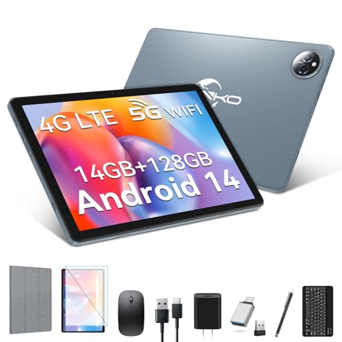 Tablet 10 inch 2024 Newest Android 14 Tablet with 128GB Rom+14GB Ram+2TB Expand, 4G Cellular Tablets with Dual Sim Slot, 2 in 1 Tablet with Case/Keyboard/Mouse, 5G Wifi, Octa-Core GPS 8000mAh (Grey)