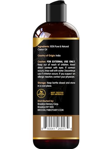 Brooklyn Botany Organic Castor Oil in Plastic Bottle for Hair Growth, Eyelashes & Eyebrows - 100% Pure and Natural Carrier Oil, Hair & Body Oil - Moisturizing Massage Oil for Aromatherapy - 8 Fl Oz