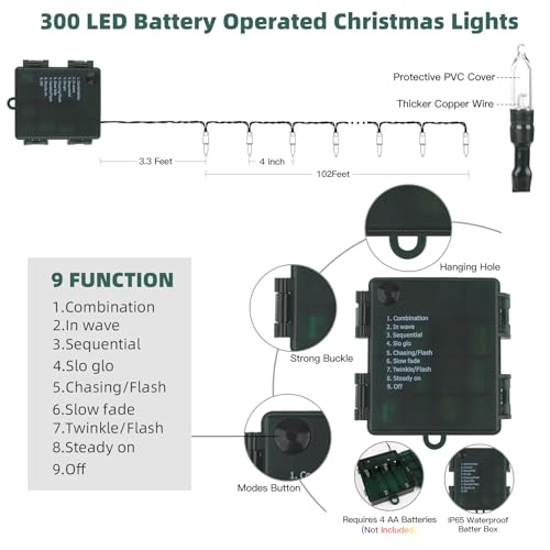 Tcamp 105FT 300 LED Battery Operated Christmas Lights with Remote Timer Memory Function, 8 Modes Battery String Lights for Christmas Tree Bedroom Wreath, Warm White