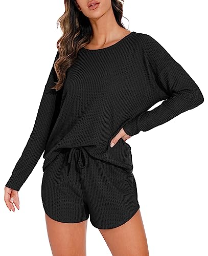 PrinStory Womens Waffle Knit Pajama Sets Long Sleeve Lounge Sets Loungewear Sweatsuit with Pockets Navy Blue