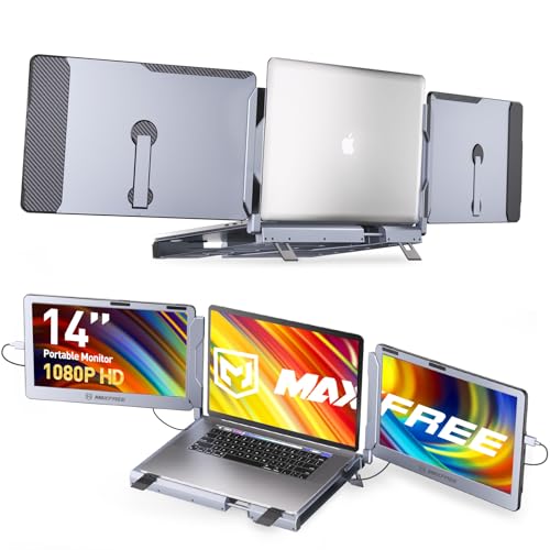 Maxfree F2 Triple Screen Laptop Monitor Extender with 360° Rotation Stand - Plug & Play Compatibility for Windows, Surface, Apple M2 Pro/Max Chip, Switch - 14'' Laptop Monitor for 12-17'' Laptops