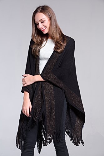 ZLYC Women's Shawl Golden Trim Knit Blanket Wrap Fringe Poncho Coat Cardigan (Space Dyed Khaki)
