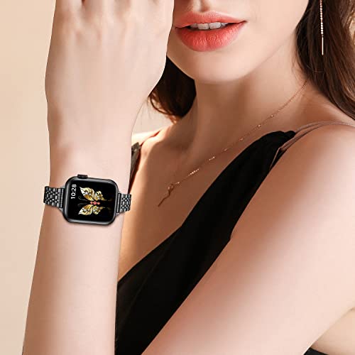 MioHHR Slim Metal Band Compatible with Apple Watch Band 42mm(Series 10) 41mm 40mm 38mm,Dressy Stainless Steel Chain Strap for Women iWatch Bands Series 9 8 7 6 5 4 3 2 1 SE,Black