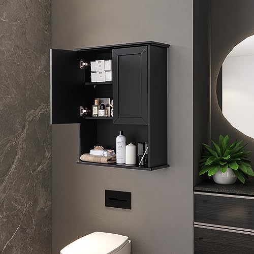 VANIRROR Black Bathroom Wall Cabinet 23x29 inch Wooden Bathroom Medicine Cabinet with 2 Doors and Adjustable Shelf, Wall Mounted Bathroom Cabinet Over Toilet Storage Cabinet