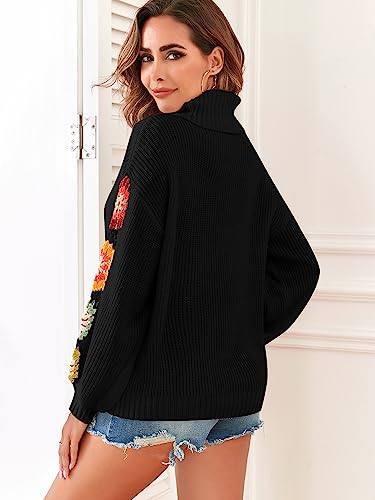 ZAFUL Turtleneck Sweater for Women Pullover Puff Long Sleeve Boho Knit Sweaters Trendy Knitwear Top Coffee Flower Crochet L