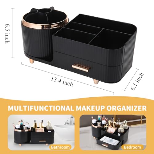 Zufudo Makeup Organizer Countertop with Drawers 360 Rotating Makeup Brush Holder Large Capacity Skincare Organizer for Vanity Desk, All Black