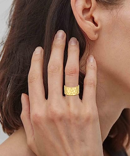 RLMOON 18K Gold or Silver Plated Wide Band Rings 12MM Thumb Ring for Women Men Thick Simple Plain Band Ring High Polished Comfort Fit Size 6-11 (Gold Hammered Ring, 7)