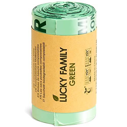 Lucky Family Green Compost Bags for Kitchen Countertop Bin -1.3 gallon trash bags to 1.6 Gallon trash bags - 100% Compostable Trash Bags for Food Waste, Organic Biodegradable Trash Bags - 50 Bags Roll