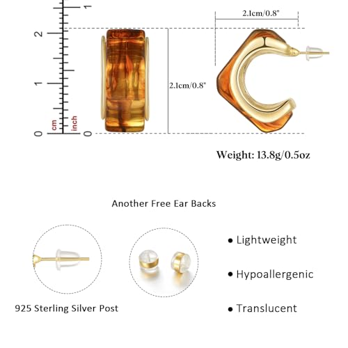 KissYan Acrylic Drop Earrings for Women, 14K Gold Plated Resin Chunky Hoop Earrings, Lightweight Hollow Open Hoops Geometric Square Translucent Hypoallergenic Vintage Fashion Jewelry Gifts (Amber)