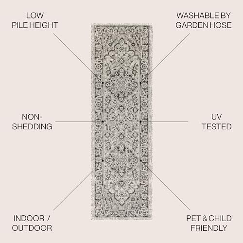 JONATHAN Y SMB102D-28 Rozetta Boho Medallion Textured Weave Indoor Outdoor Runner Rug Coastal Bohemian Rustic Glam Easy -Cleaning Bedroom Kitchen Backyard Patio Non Shedding, 2 X 8, Gray/Black