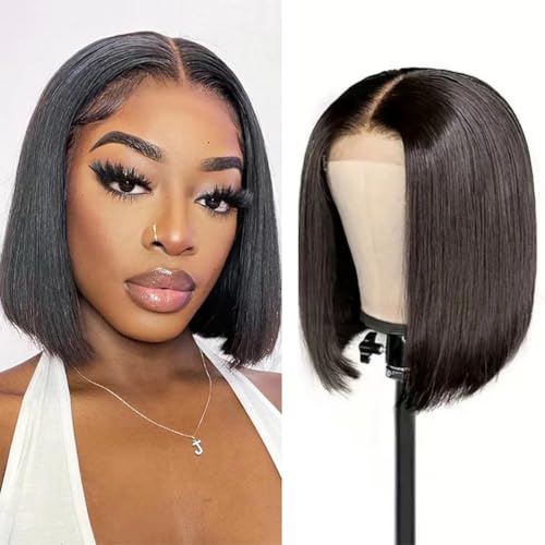 TONGMAY 8 Inch Short Bob Wig Human Hair Straight Bob Lace Front Wigs Human Hair for Women 180% Density Brazilian Virgin Human Hair Bob Wig 13x4 HD Transparent Lace Frontal Bob Wigs Natural Black
