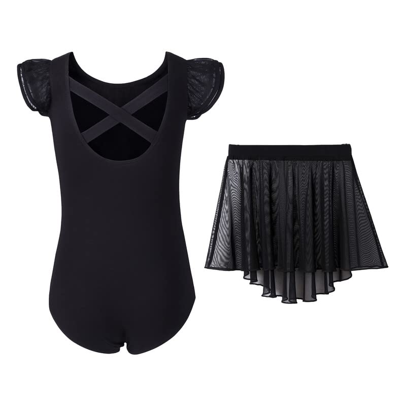 DIPUG Girls Ballet Leotards with Removable Skirt Toddler Flutter Sleeve Criss Cross Back Dance Leotard Combo 2t 3t 4t XS Black