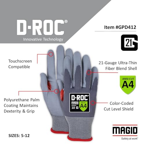 MAGID ROC 21G Ultra-Thin Polyurethane ANSI A4 Coated Work Glove, 1 Pair, Size 6/XS, GPD412