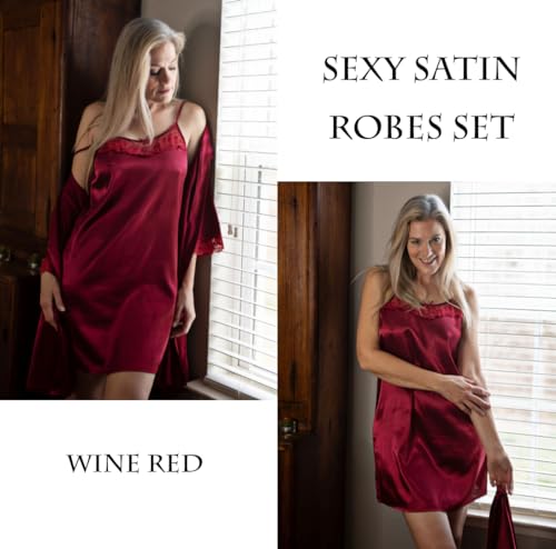Ekouaer Sleepwear Women's Satin Nightgown with Robes Set 2 Piece Sexy Lace Cami Nightwear Floral Set Floral Wine Red M