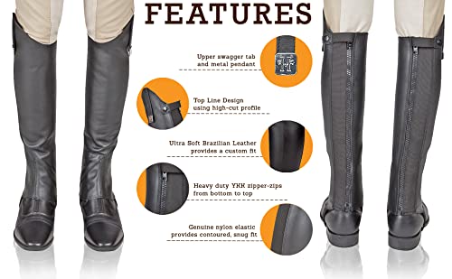 Huntley Equestrian 01004 Ultra Soft Custom Fit Along with Flexibility & Stability Premium Leather Half Chaps Maximum Grip & Durability Upper Swagger Tab & Metal Pendant - Black - Extra Small