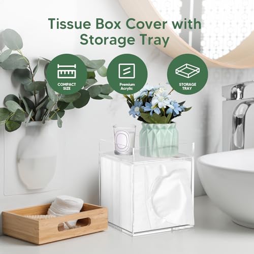 Tissue Box Cover, Bamboo Tissue Box Cover with Storage Tray Square Tissue Box Covers Holder for Bathroom, Bedroom, Dinner Table, Office, Tabletop 6" x 6" x 7.4"