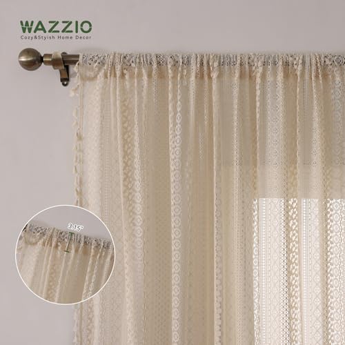 WAZZIO Boho Crochet Semi-Sheer Curtains - 108 Inch Long, 2 Panel Sets - Farmhouse Vintage Geometry Knitted Lace Beige Drapes with Retro Tassel for Living Room & Bedroom