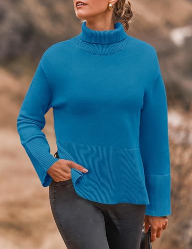 ZESICA Women's 2024 Winter Sweaters Turtleneck Long Sleeve Oversized Split Hem Knitted Pullover Jumper Sweater Tops,Rust,Large