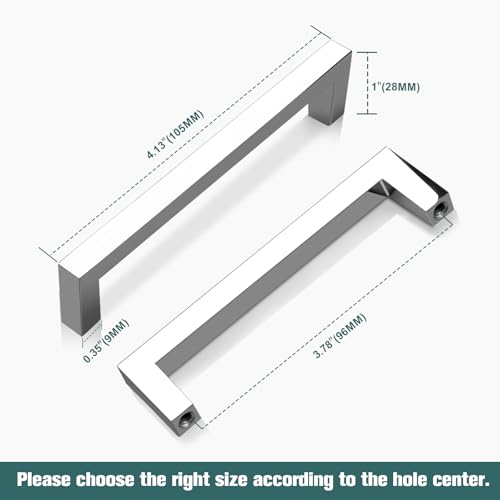 GOBEKOR 5 Pack Polished Chrome Cabinet Pulls Solid Drawer Pulls 3-3/4in(96mm) Hole Centers, Square Bar Kitchen Cupboard Handles Cabinet Hardware