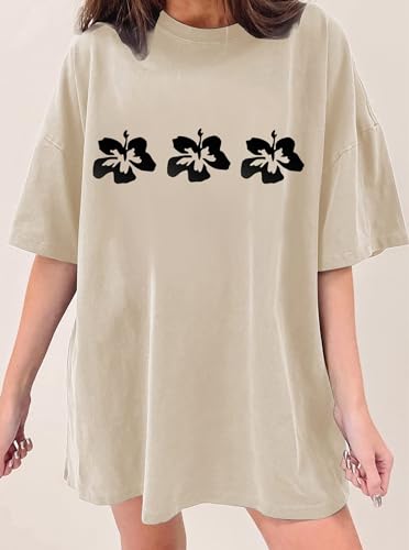 CSDAJIO Women's Casual Short Sleeve Loose Shirt Oversized T-Shirt Trendy Going Out Crew Neck Summer Graphic Tees C+Sun Green Medium
