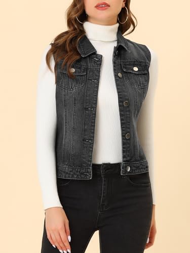 Allegra K Women's Washed Denim Buttoned Vest W Flap Pockets Small Yellow