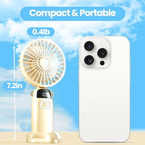 plilogo Portable Fan, Handheld Fan with LED Display, Rechargeable Personal Fan for 15 Hours Cooling, Neck Fan for Outdoor, Small Fan for Travel Camping, Folding Mini Fan with Phone Holder for Office