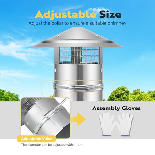 VIVOHOME 4" Cone Top Chimney Cap with Screen, Round Roof Rain Chimney Cover, Galvanized Steel Fireplace Exhaust Cap, Adjustable Roof Cap for Vent