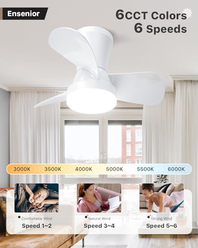 Ensenior 22 Inch Small Ceiling Fan with Lights and Remote, Ceiling Fan with Light Flush Mount, 3000K-6000K Colors and 6 Speeds, Low Profile Ceiling Fan Light for Bedroom and Living Room - Black