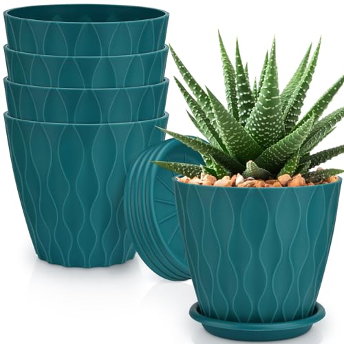YNNICO 6 inch Plant Pots, 5 Pack Flower Pots Outdoor Indoor, Planters with Drainage Hole and Tray Saucer.